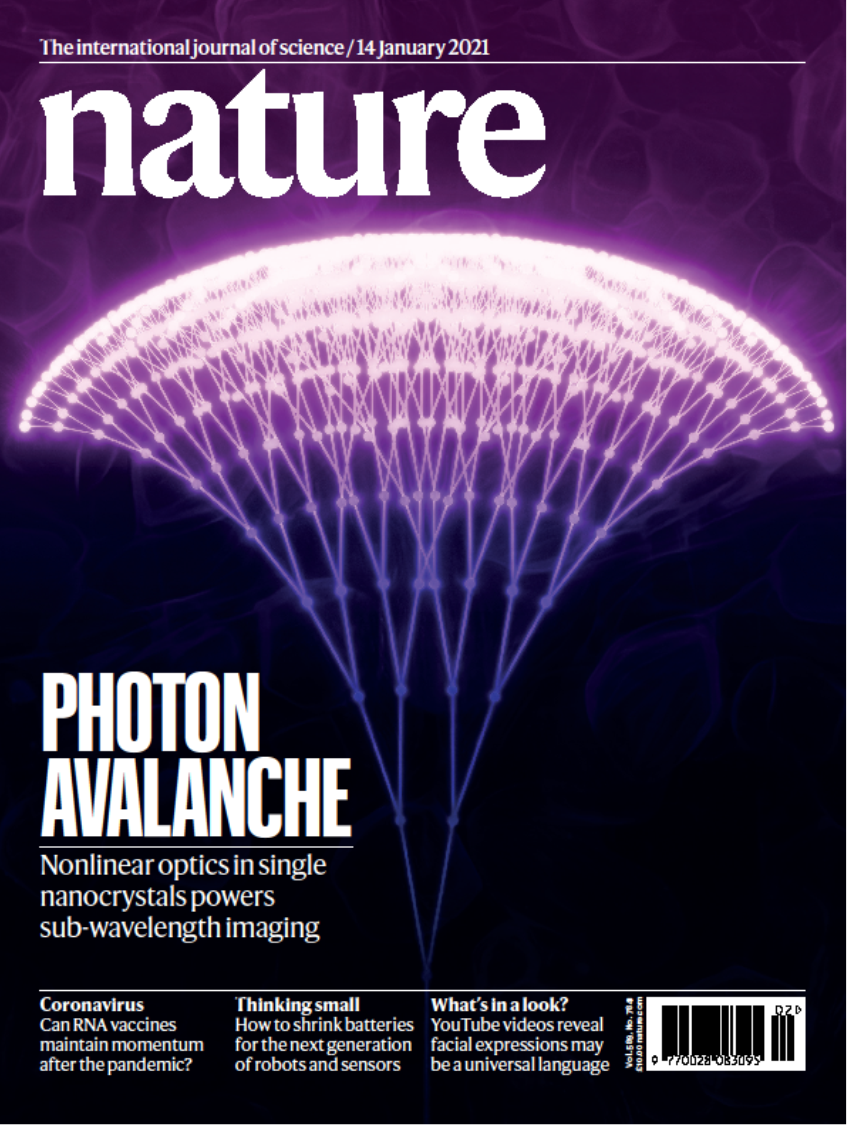 The cover of the January 14th, 2021 issue of Nature, highlighting our work on photon avalanching in nanoparticles