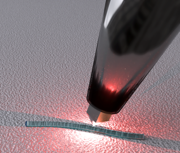 schematic of a campanile near-field tip scanning a nanowire