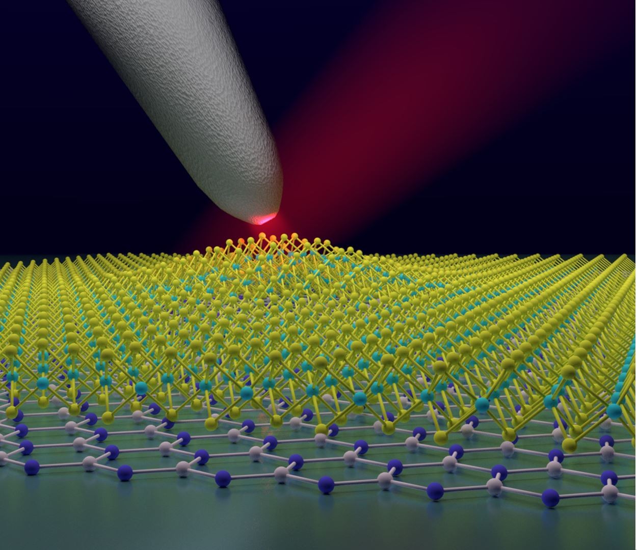 Schematic of a laser-illuminated nano-optical probe investigating a strained nanobubble of tungsten diselenide