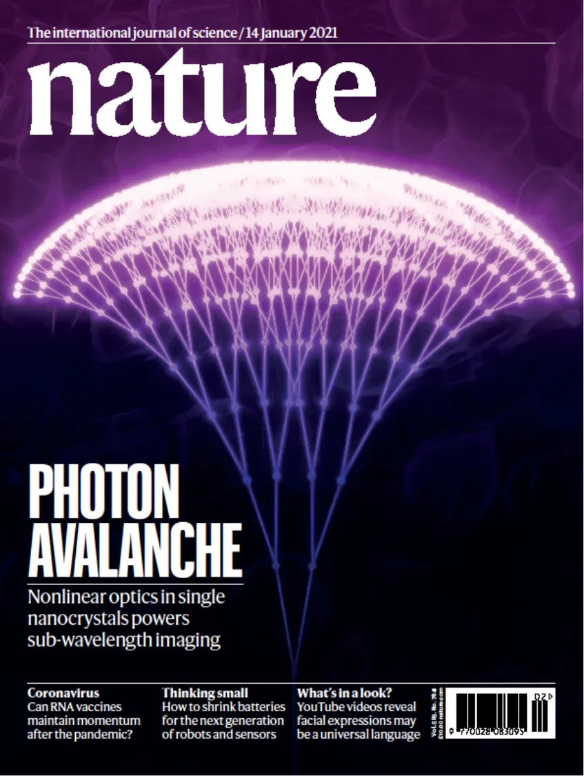 The cover of the January 14th, 2021 issue of Nature, highlighting our work on photon avalanching in nanoparticles