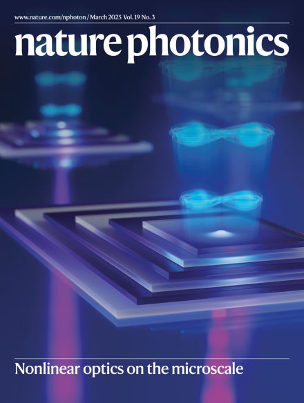 Nature Photonics cover image of entangled photons generated within microscopic periodically poled 3R-TMD stacks